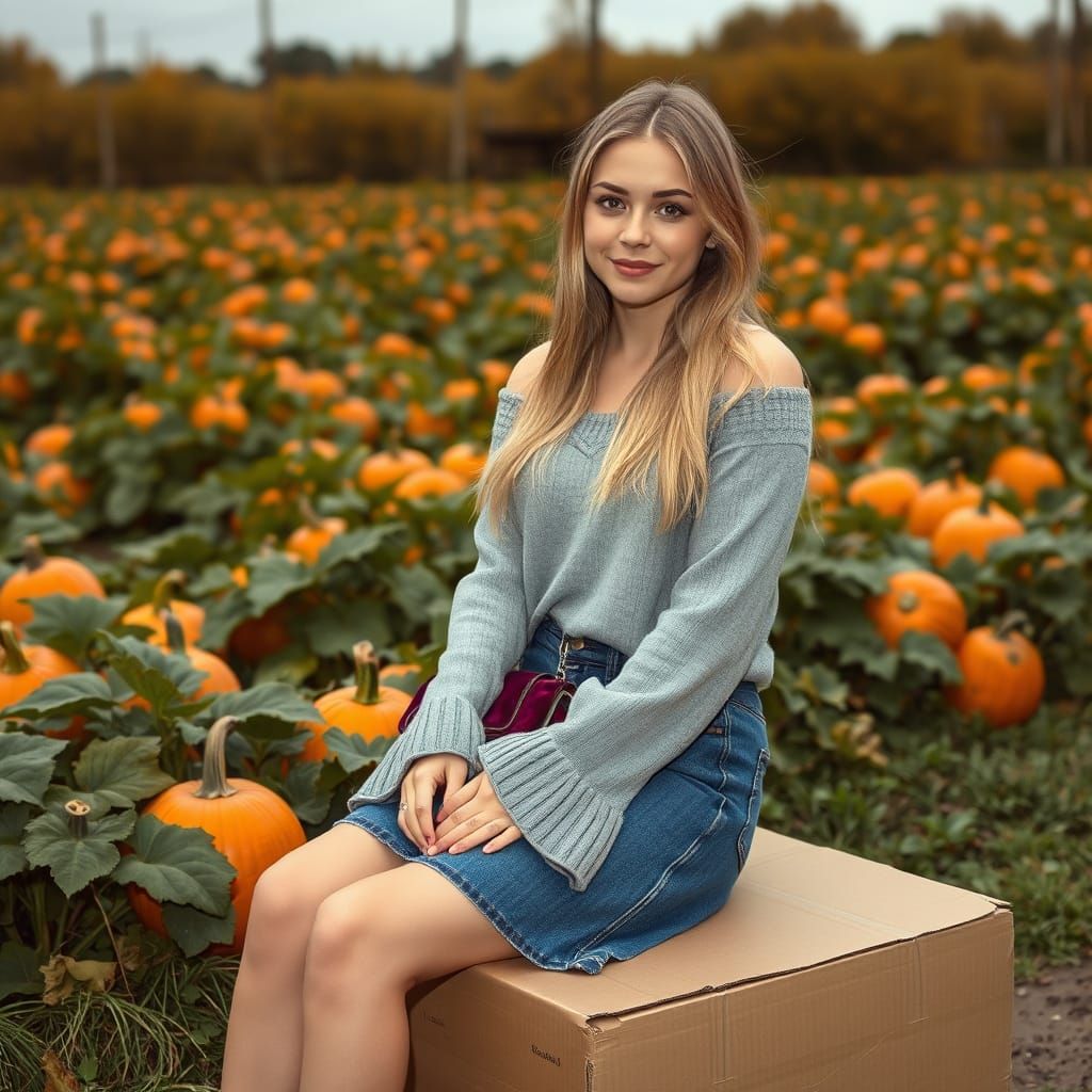 Stylish Woman in Autumn Pumpkin Patch, Art Nouveau Style
