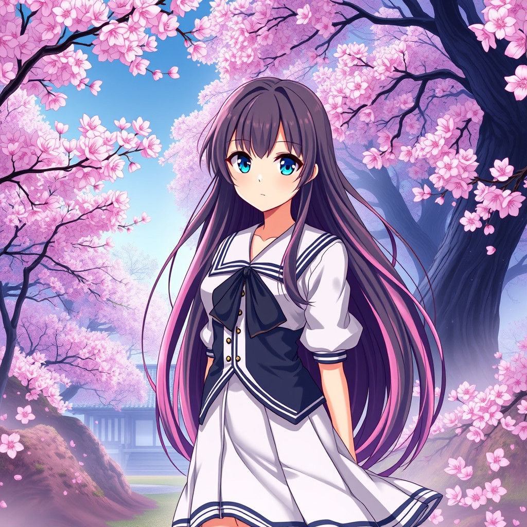 Anime Girl in Japanese Garden with Cherry Blossoms