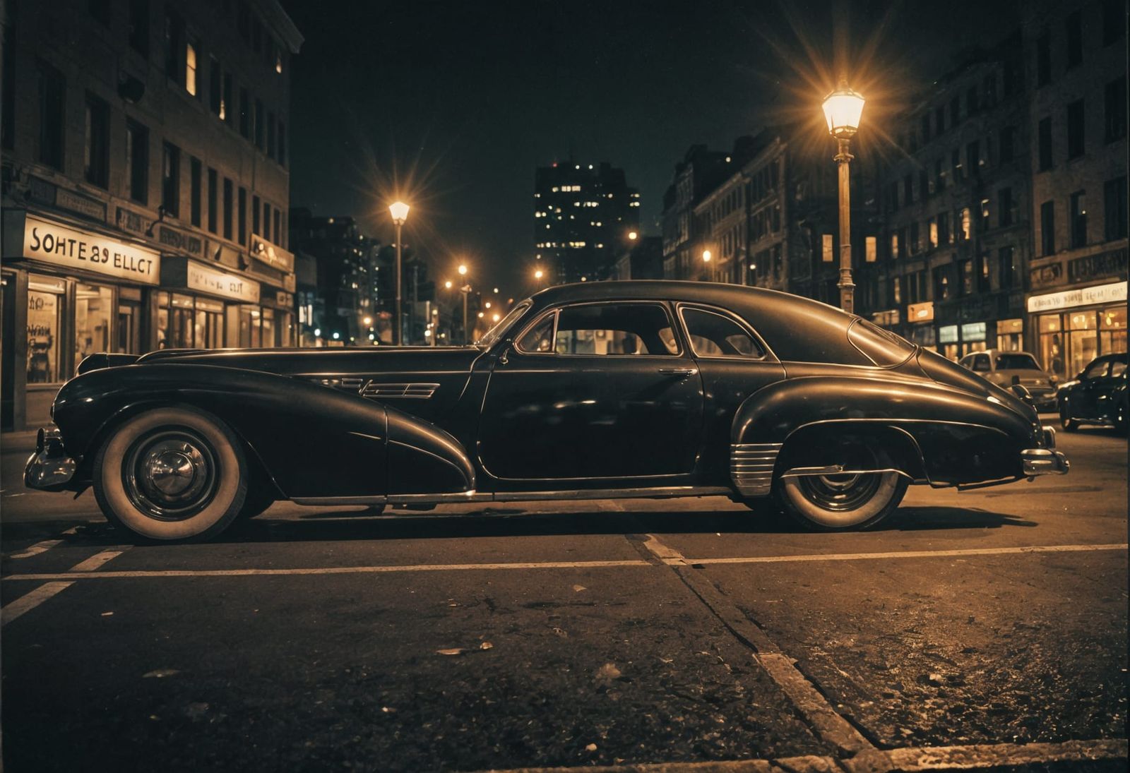 1949 Car in Noir Cityscape at Night