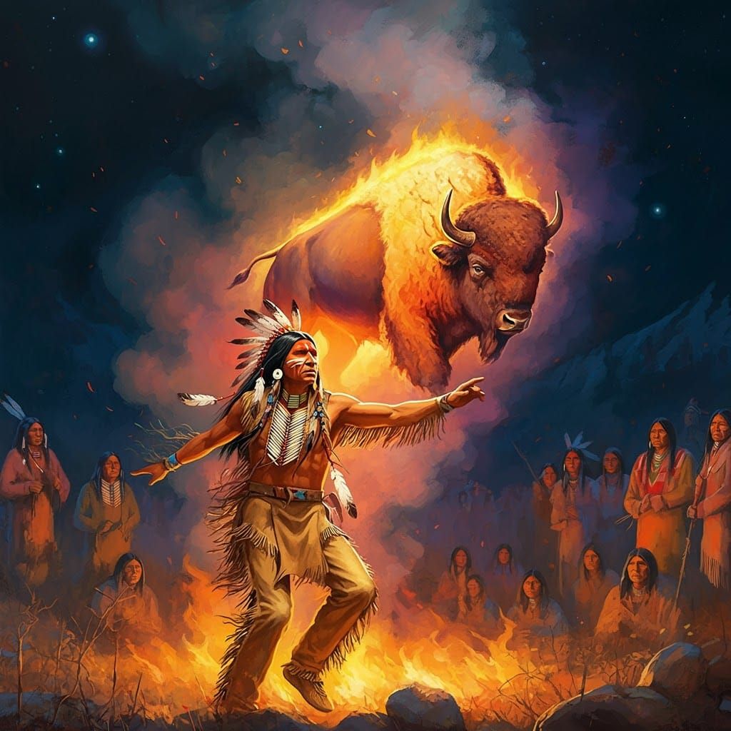 Indian Shaman's Fire Dance Creates Bison Silhouette