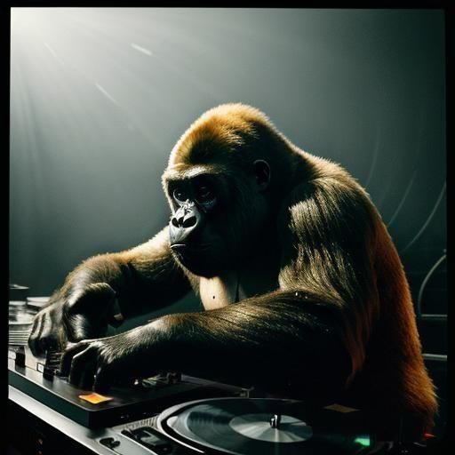 Gorilla DJing on Technics Turntables: Cinematic Film Still