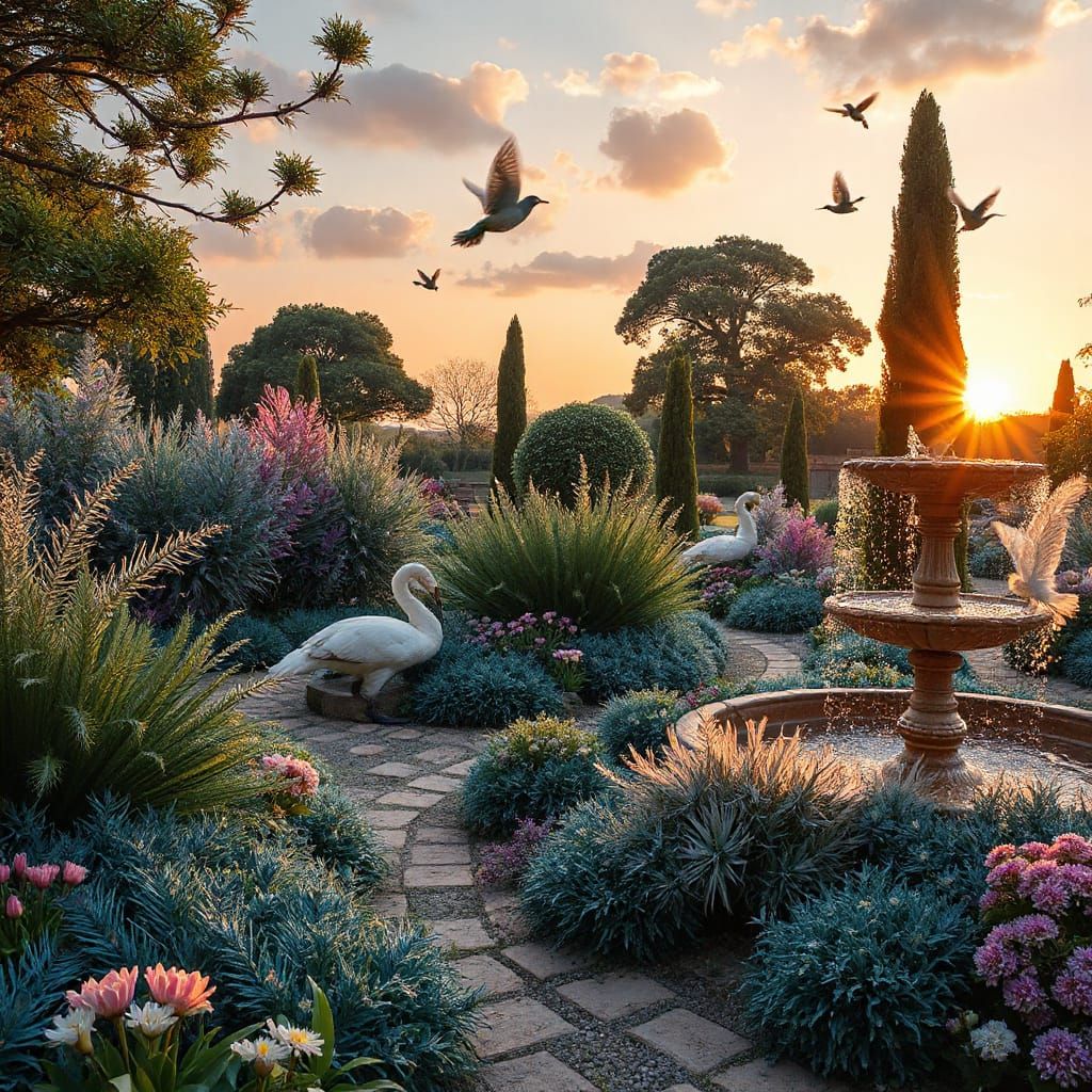 Feather Fantasy Garden at Sunrise in Renaissance Style