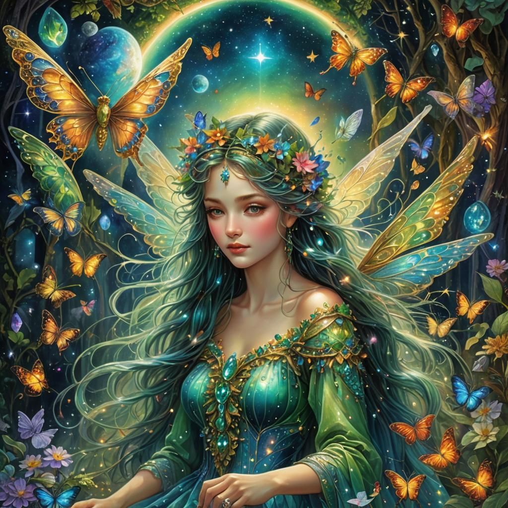 Celestial Fairy with Crystal Flowers and Butterflies
