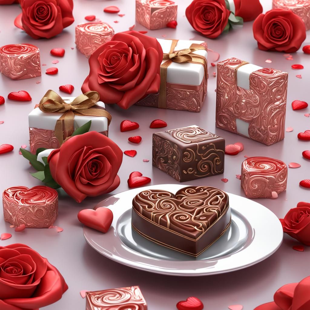 Valentine's Day Chocolates and Roses Collage Illustration
