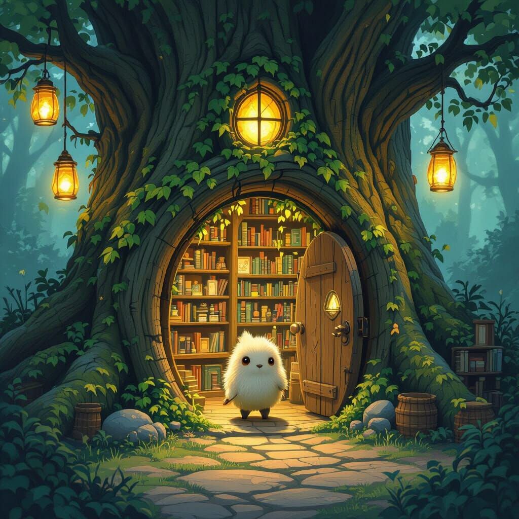 Whimsical Bookshop Inside Ancient Tree, Fairytale Style