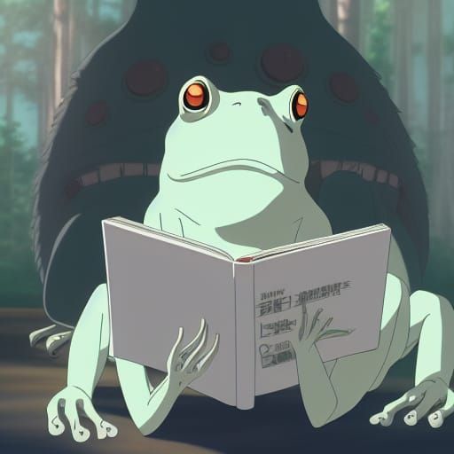 Giant Silver Frog Reads Spellbook in Anime Style