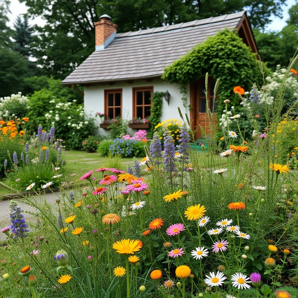 Wildflower Garden with Cozy Cottage