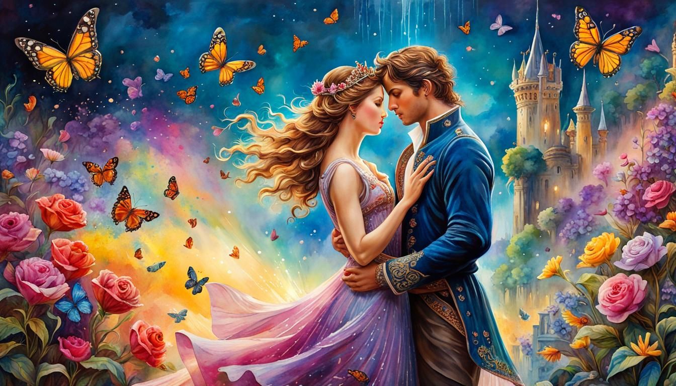 Fantasy Prince and Princess in Watercolor Landscape
