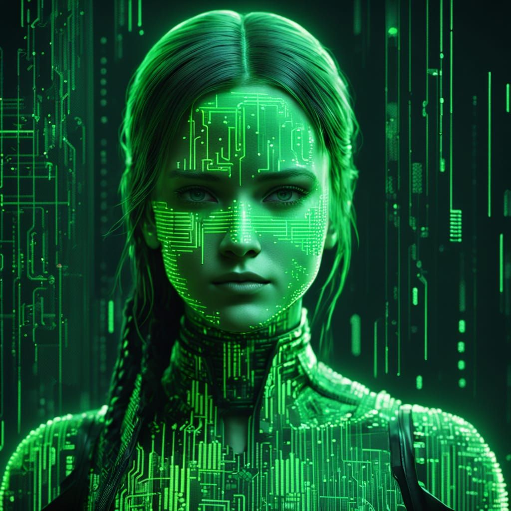 Feminine Figure Composed of Green Binary Code