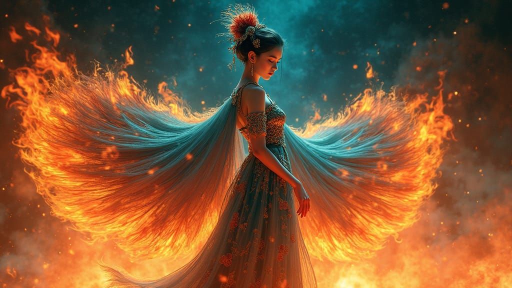 Surreal Fairy Princess Amidst Blazing Peacock Cloak with Sta...