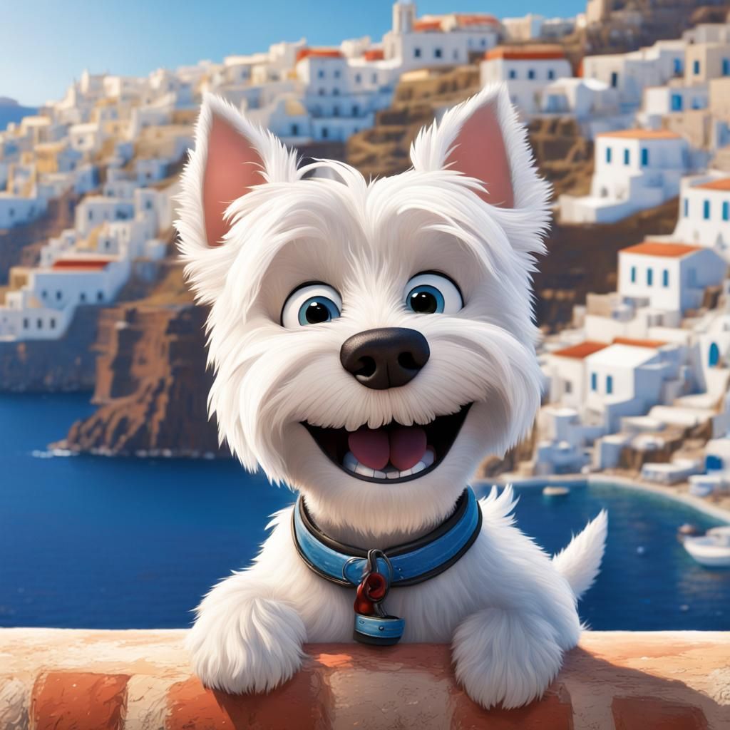 Westie Dede in Santorini: A Pixar Film Poster