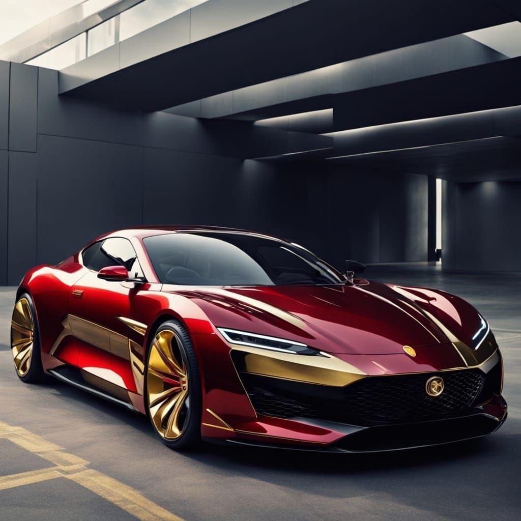 Futuristic Red & Gold Sports Car With Cybernetic Woman