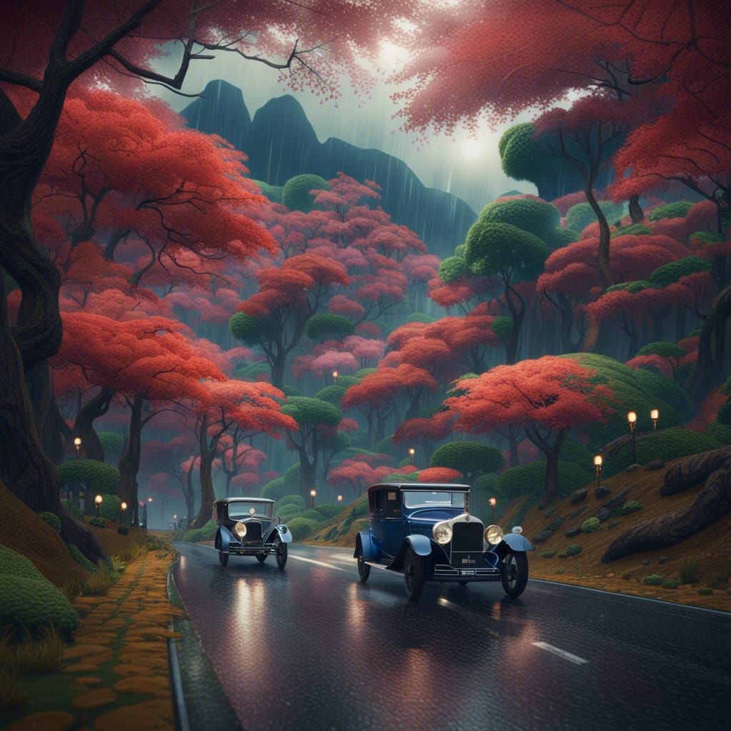 1920s Japan Landscape: Rainy Drive, Detailed Matte Painting