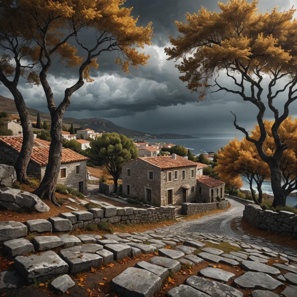 Stormy Greek Village: Photorealistic Autumn Landscape