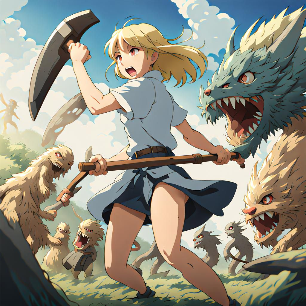 Anime Woman Fighting Monsters in Ghibli Style
