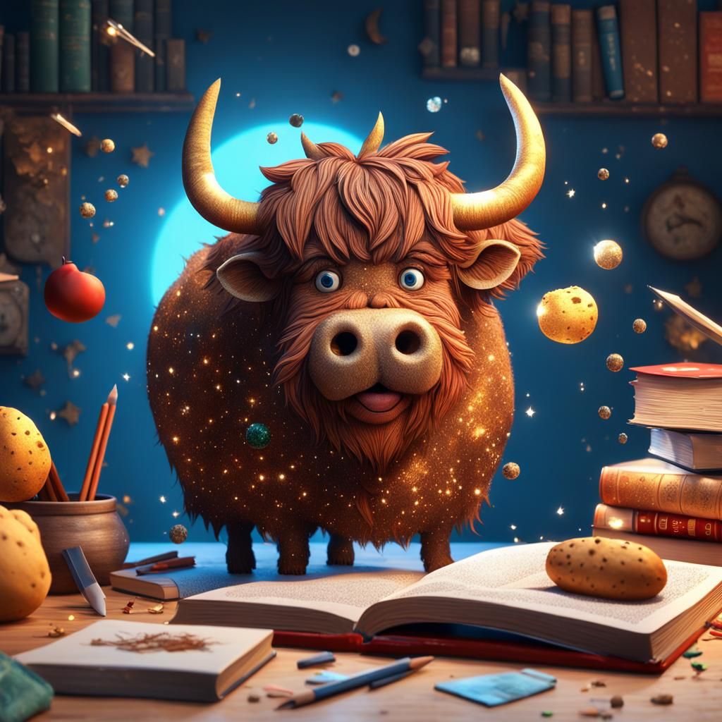 Sparkling 3D Highland Cow Sculpture in Anime Style