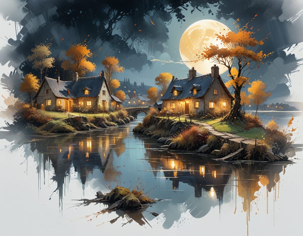 Riverside Village Under Moon in Digital Painting Style