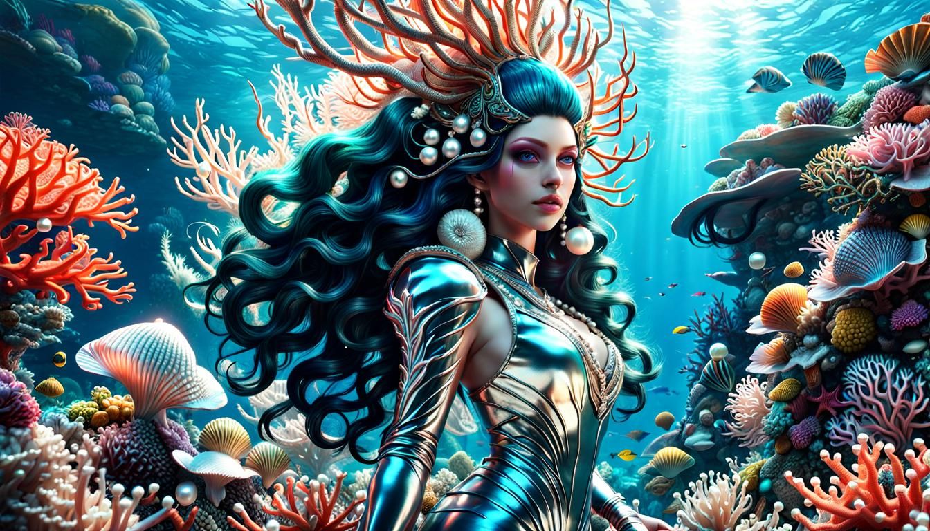 Curvy Alien Exploring Coral Reef in Sci-Fi Fantasy