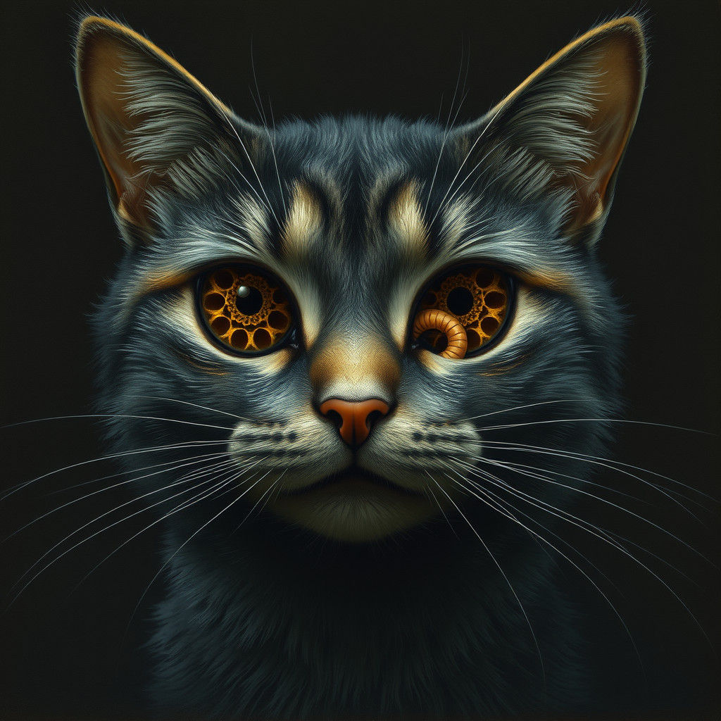 Whiskered Cat with Honeycomb Eyes and Worm