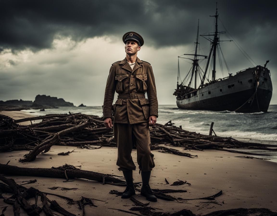 Stranded Sailor in WWII Uniform on Desert Island