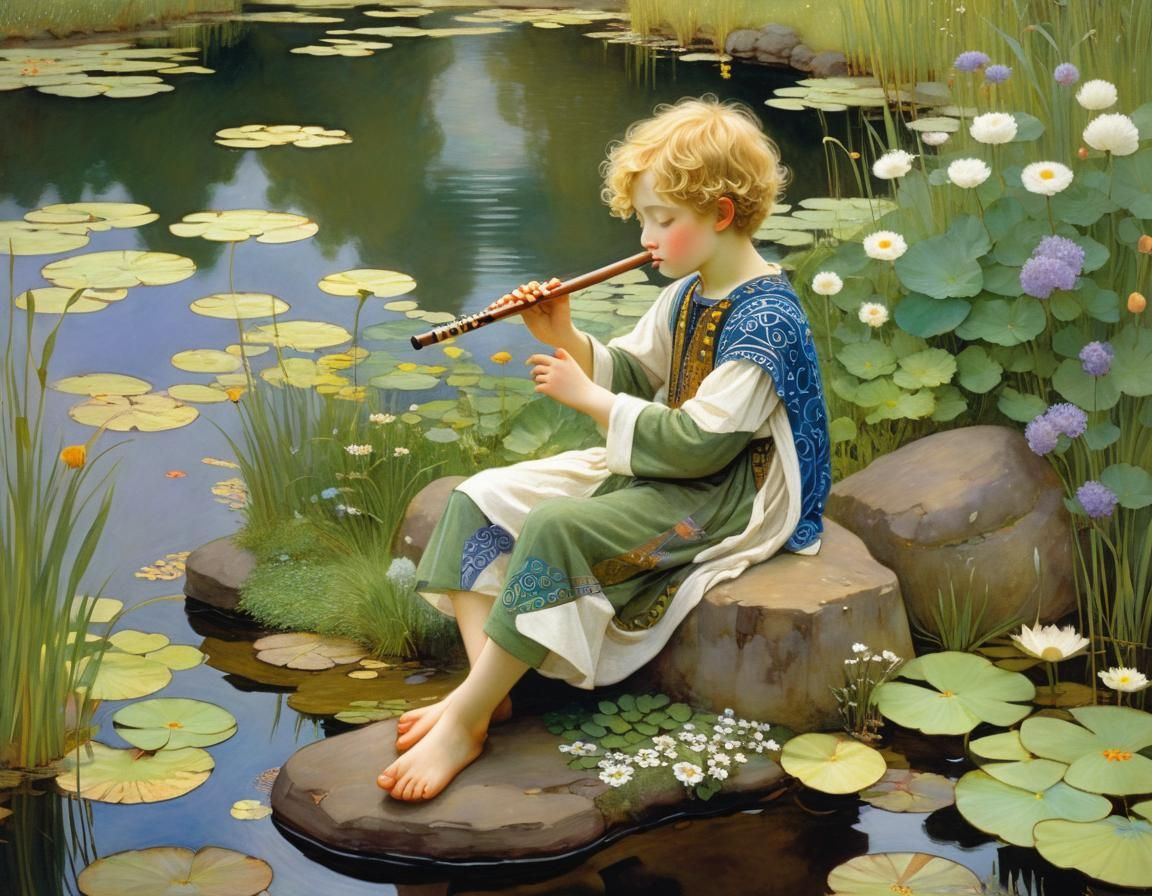Little Boy Plays Flute at Pond's Edge in Intricate Artistic ...