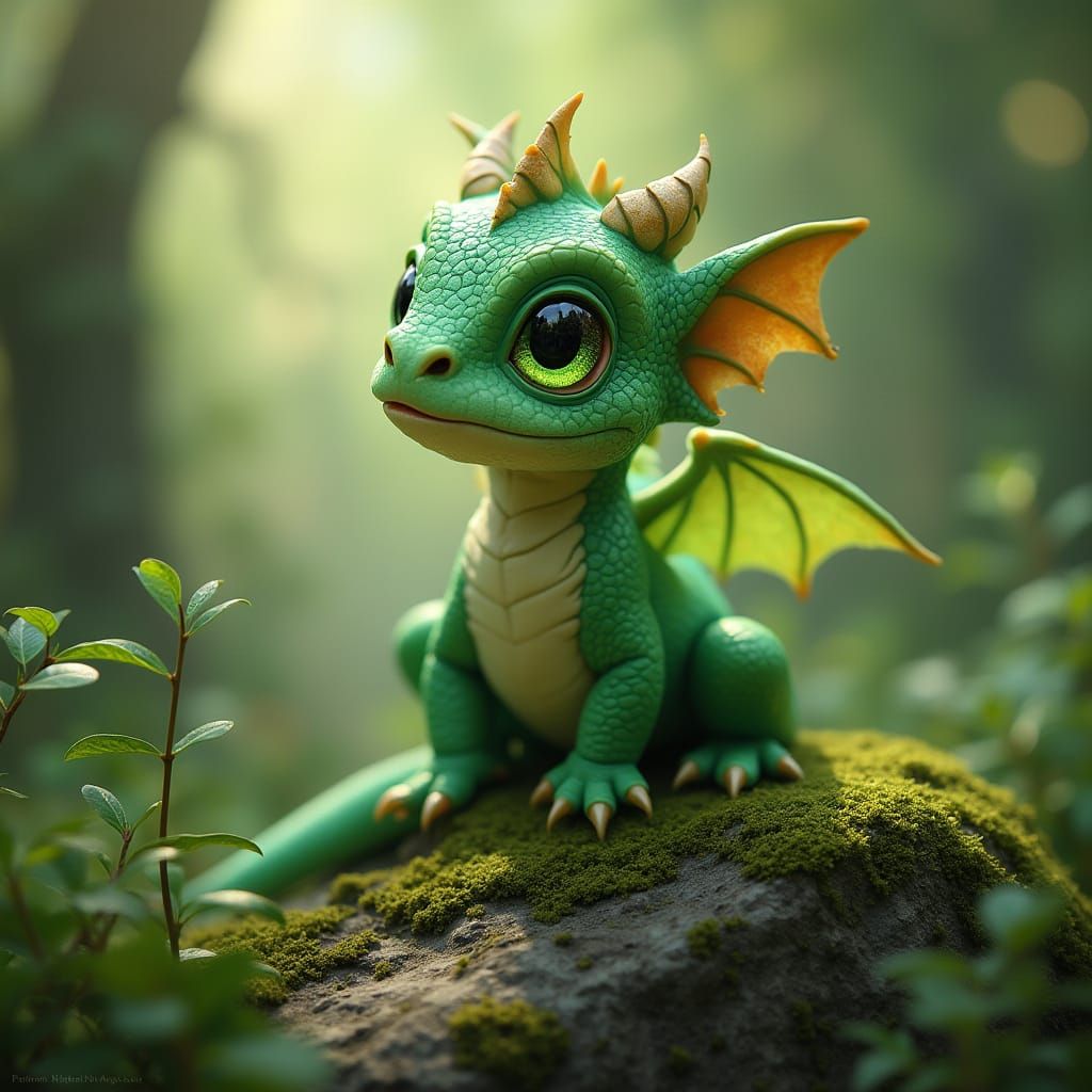 Whimsical Dragon Perched on Mossy Rock