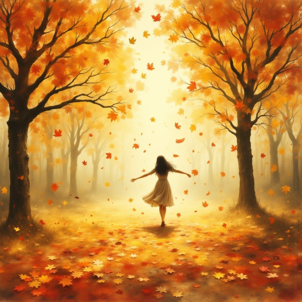 Golden Autumn Leaves in Whimsical Watercolor Style