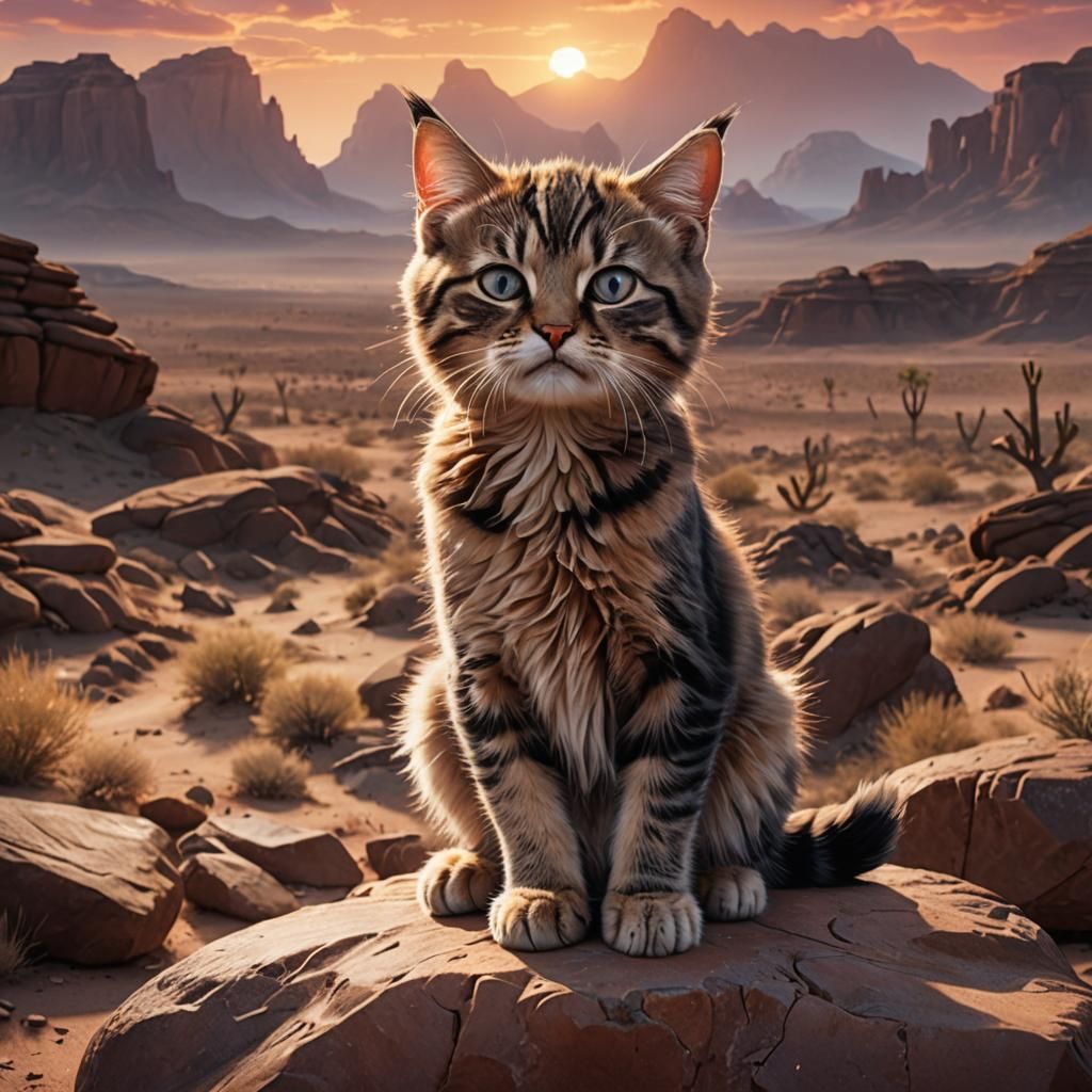 Grumpy Kitten at Desert Sunset: Fantasy Art
