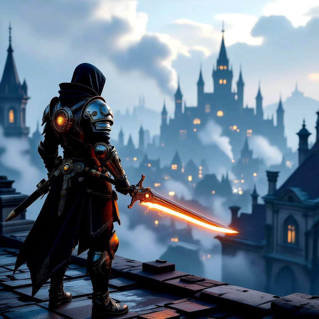 Steampunk Warrior With Energy Sword on Gothic Rooftop