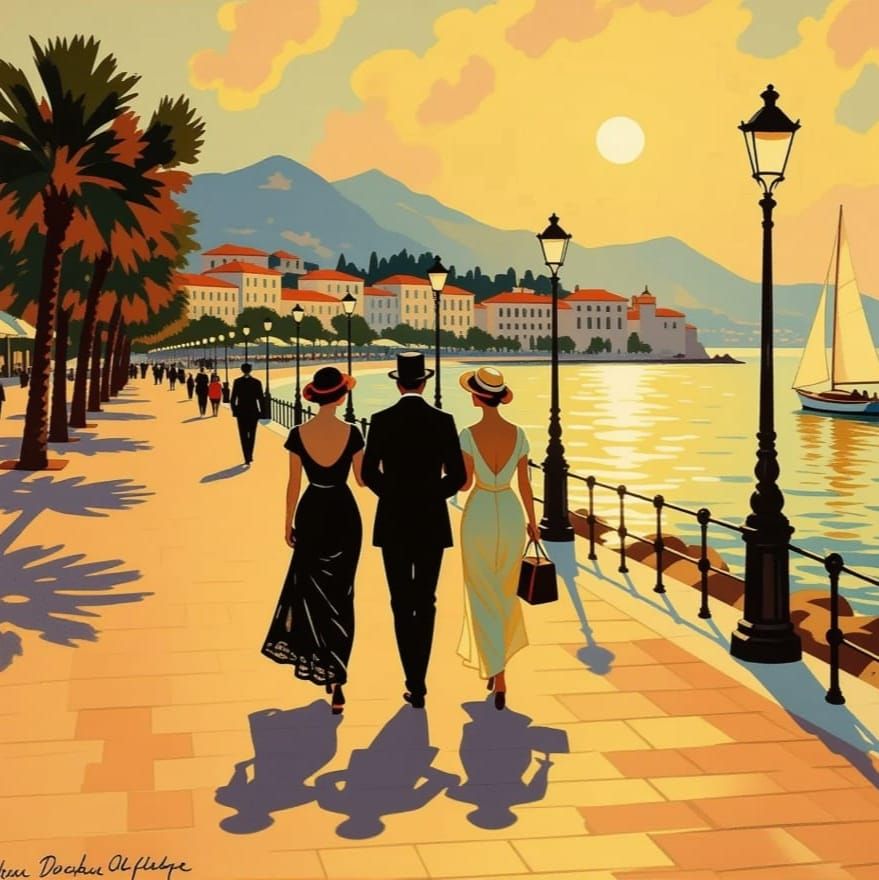 Impressionistic Riviera Scene with People and Sailboat