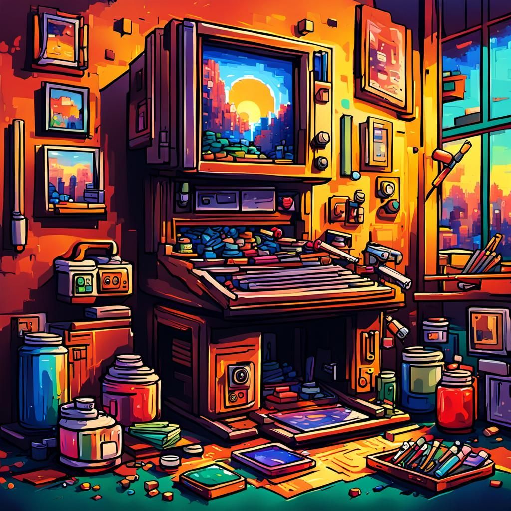 Vibrant Pixel Art Machine in Painter's Studio