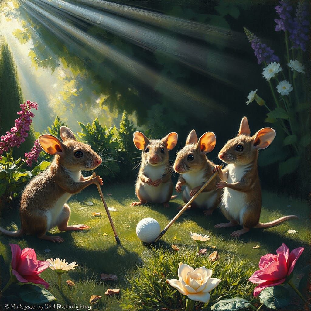 Mice Play Croquet in Expressionist Impasto Style