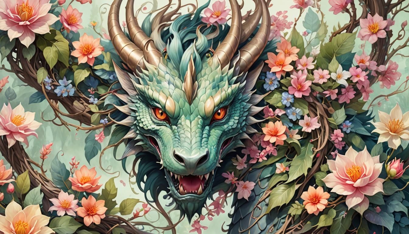 Floral Dragon Concept Art in Watercolor Style