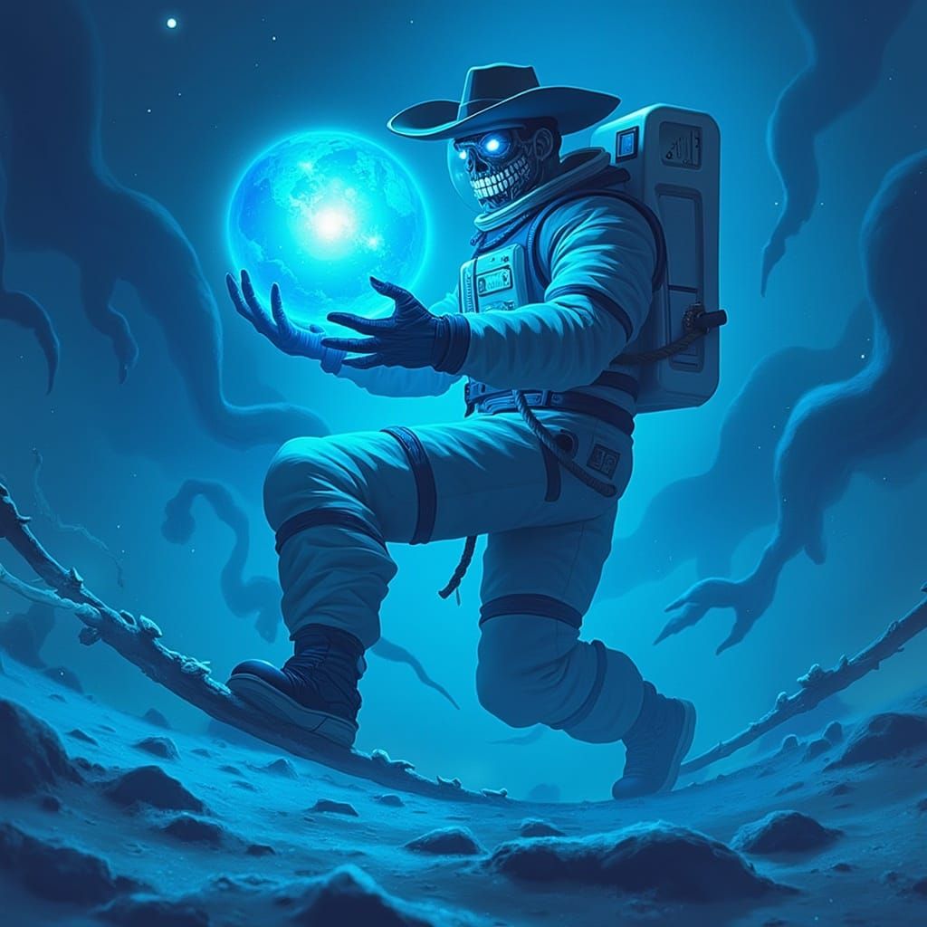 Astronaut with Orb in Surreal Lunar Scene