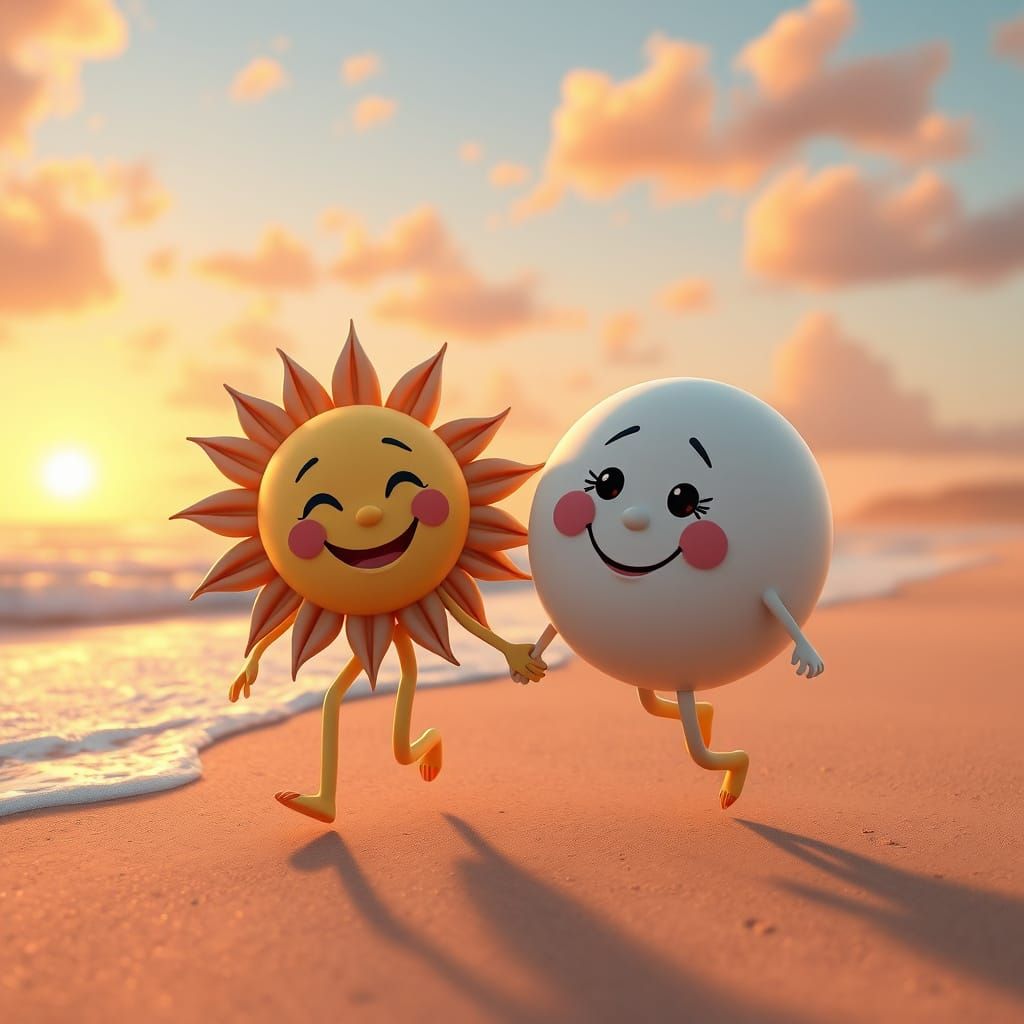 Sun and Moon Friends Walk Beach at Sunset in Disney Pixar St...