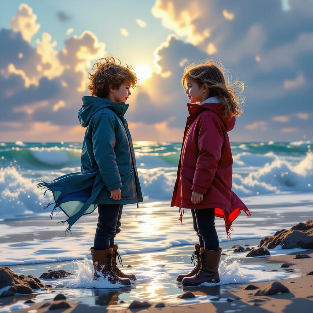 Two Figures on Windswept Coast in Hyperrealistic Digital Art