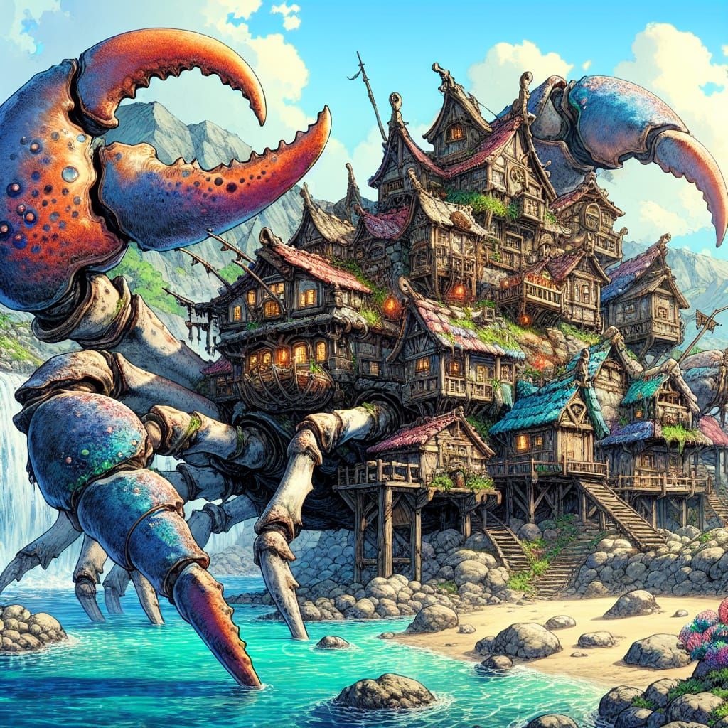 Village on Crab's Back: Anime-Inspired Watercolor Fantasy
