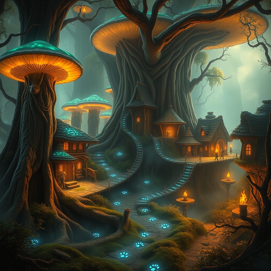 Primal Village in Bioluminescent Forest