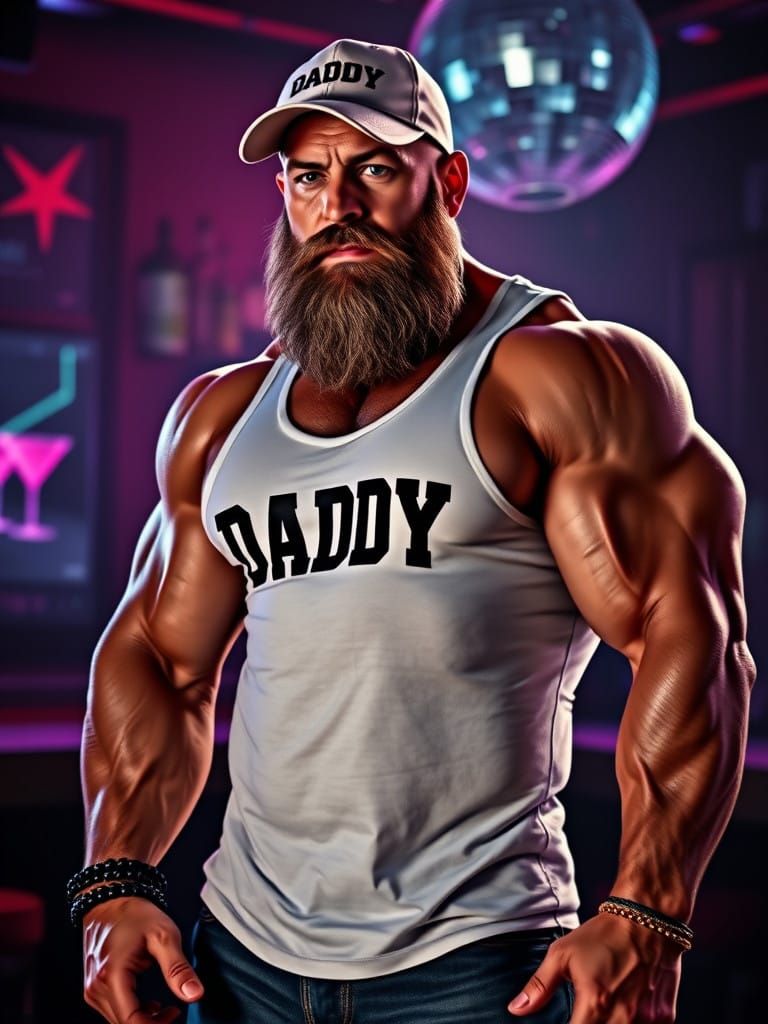 Hyperrealistic Daddy Figure in Dimly Lit Nightclub