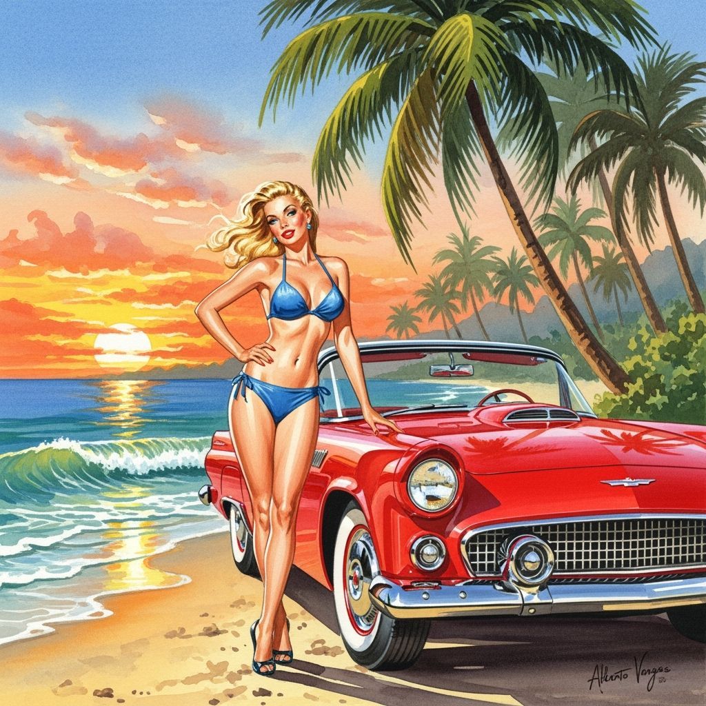 Pin-Up Girl and Thunderbird in Watercolor Style