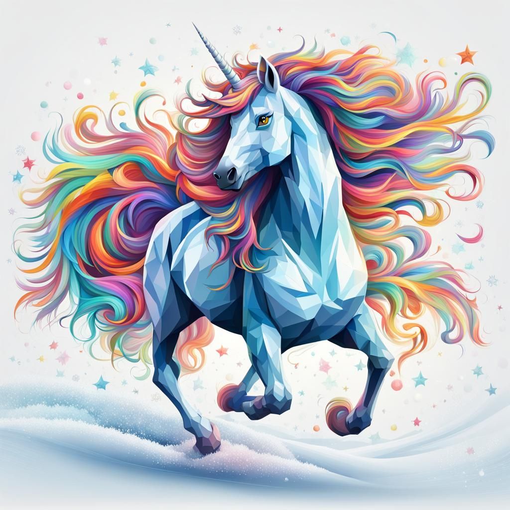 Rainbow Unicorn Bounding Through Snowy Landscape