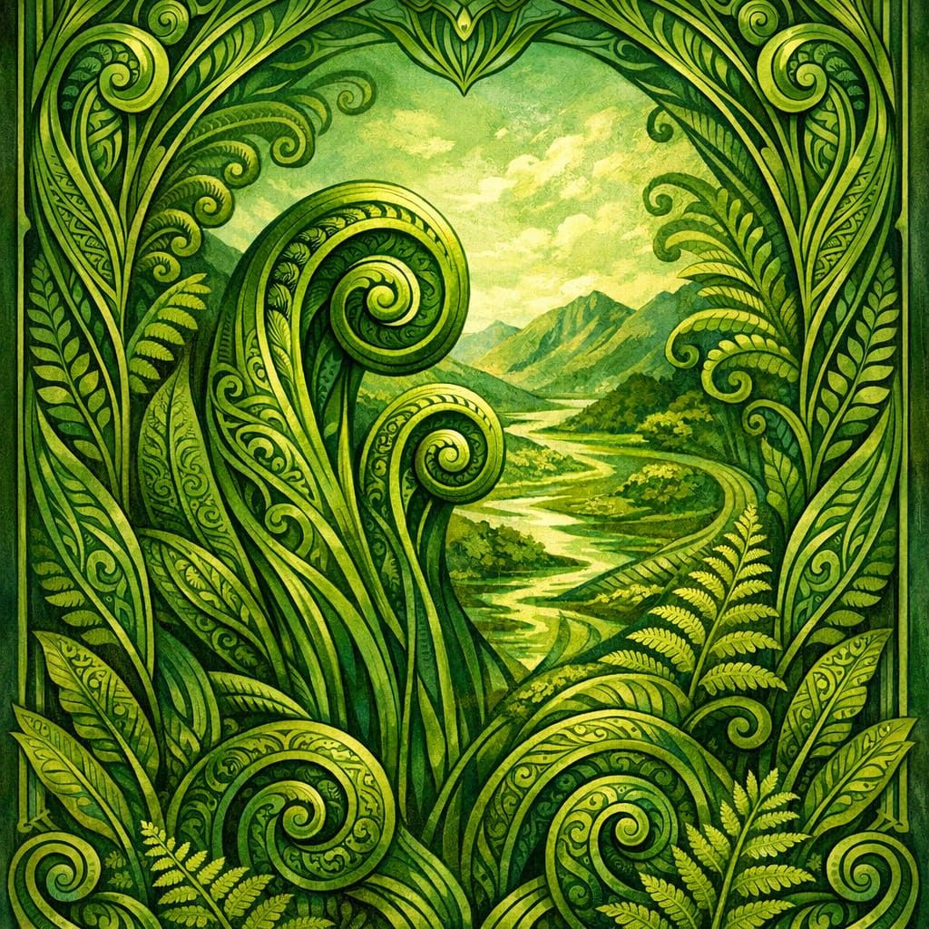 Art Nouveau Inspired Māori Scene in Verdant Greens