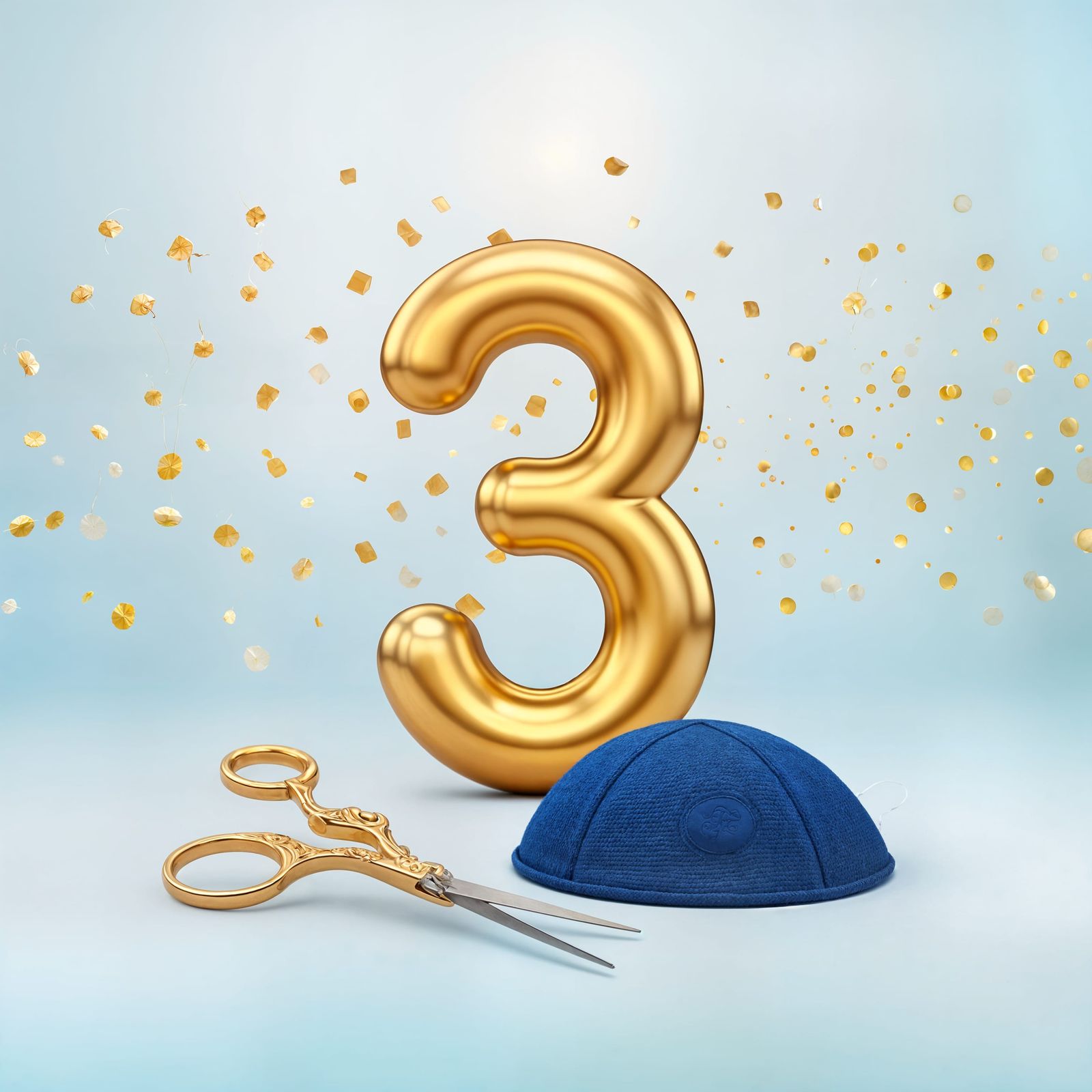 Golden Number 3 Graphic Design with Confetti