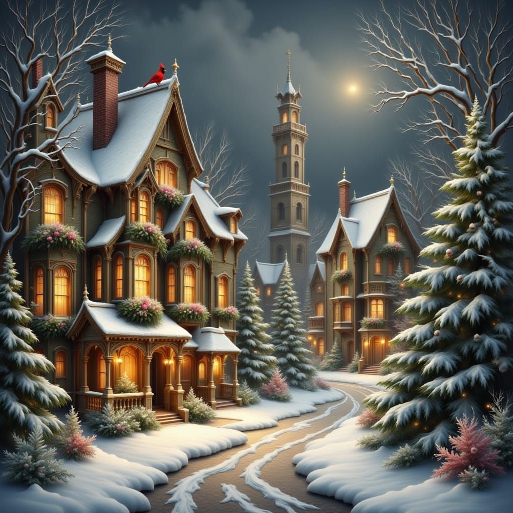 Victorian Village Aglow for Christmas with Falling Snow