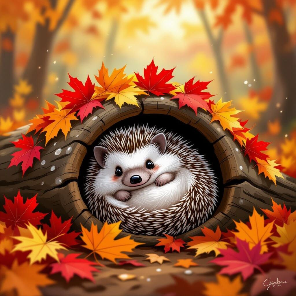 Cozy Hedgehog in Autumn Leaves