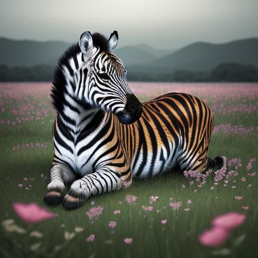 Hyperrealistic Tiger-Striped Zebra in a Flower Field