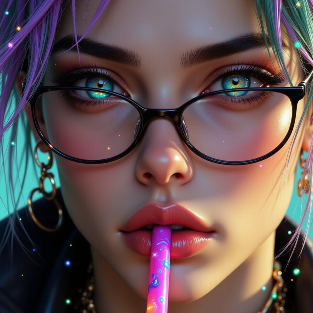 Punk-Inspired Woman with Green and Purple Hair Sips Bubble T...