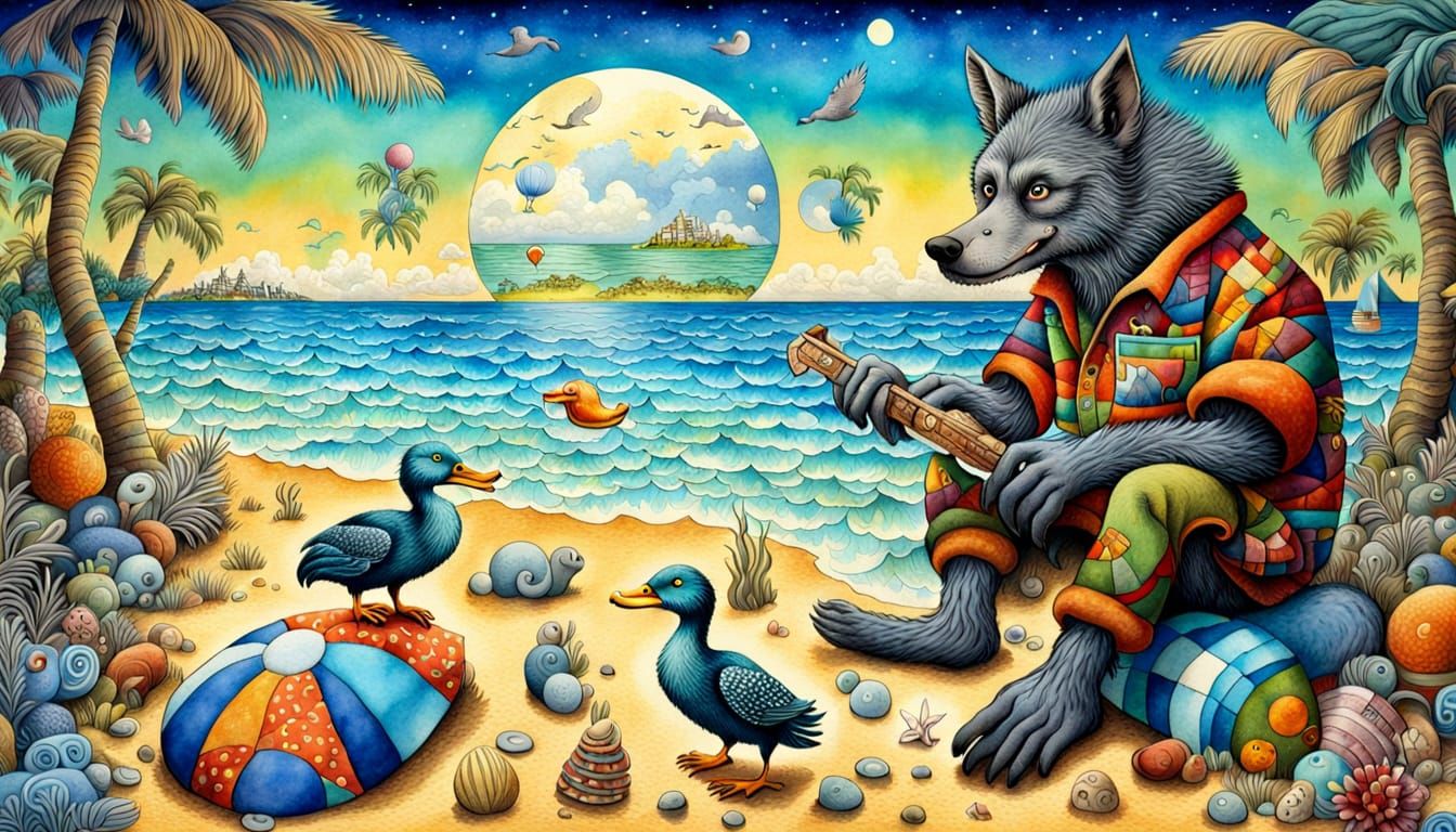 Werewolf on Beach Holiday: Aquarelle Patchwork Style