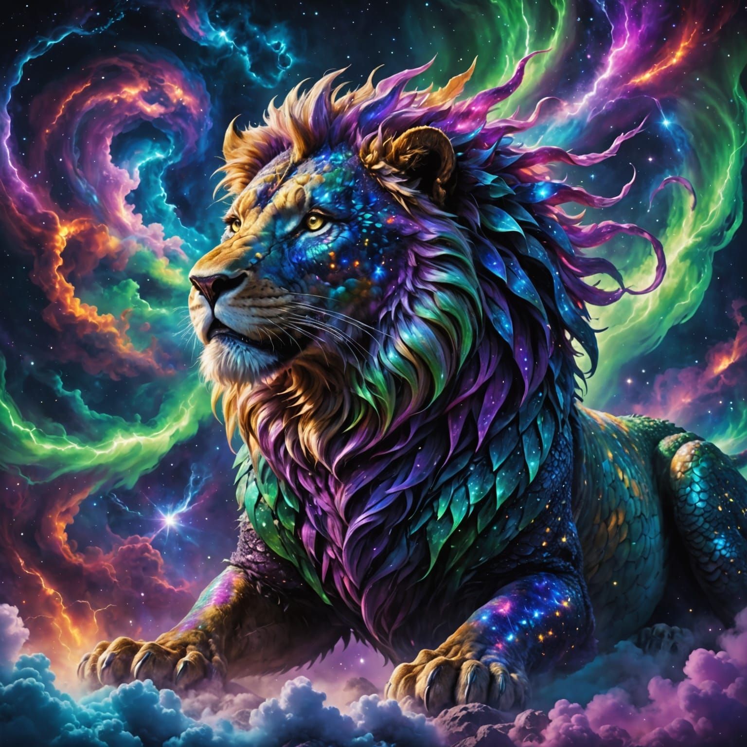 Cosmic Dragon-Lion Fusion in Hyperrealistic Style