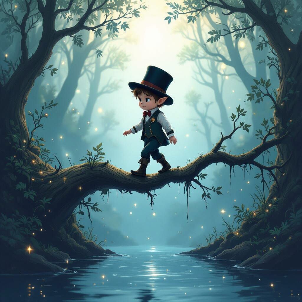 Elf Boy's Starlit Walk in Dreamlike Style